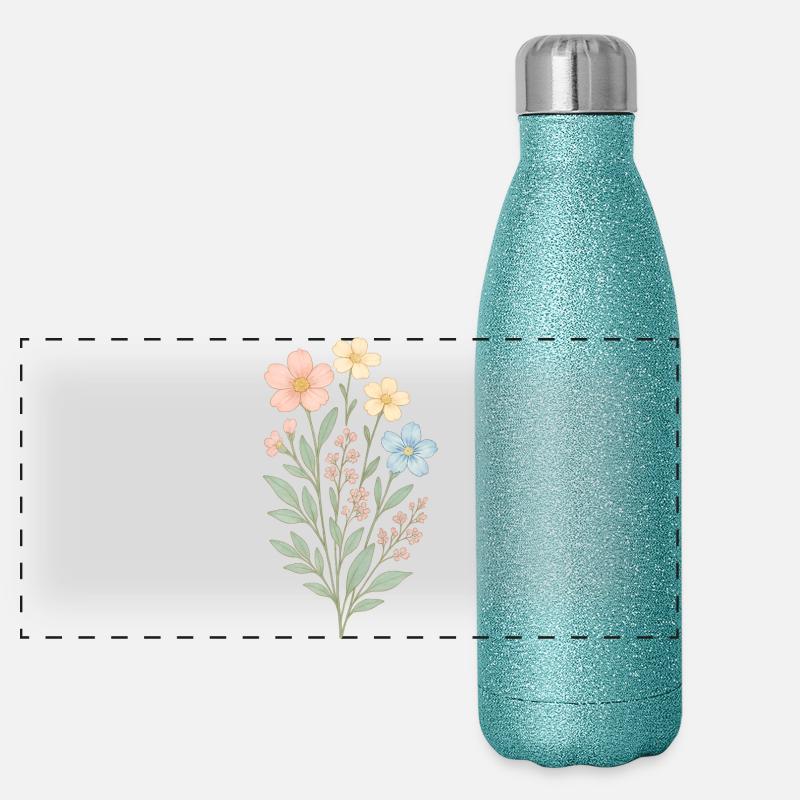 Fleurs pastel style aquarelle Gourde isotherme panoramique pailletée 500 ml