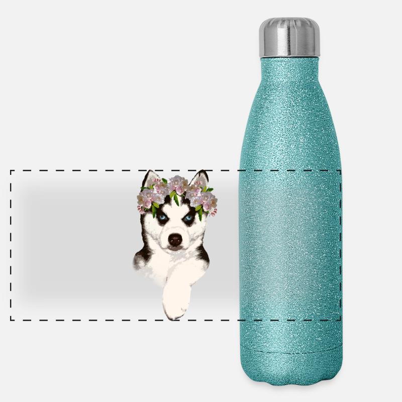 Husky avec couronne de fleurs Gourde isotherme panoramique pailletée 500 ml