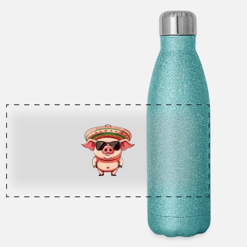 Cochon Bande Dessinée Drôle Sombrero Gourde isotherme panoramique pailletée 500 ml