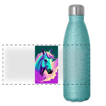 Pferd | reiten | Tier | Reittier | Bunt - Panorama Glitzer Isolierflasche 500 ml - Blau Glitzer - Vorne