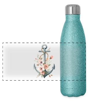 Ancre avec vrille florale - Gourde isotherme panoramique pailletée 500 ml - paillettes bleues - Devant