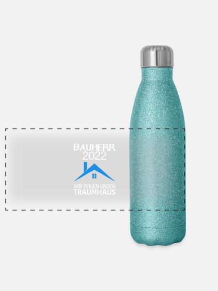 Bauherr Hausbau Baustelle Richtfest 2022 - Panorama Glitzer Isolierflasche 500 ml - Blau Glitzer - Vorne