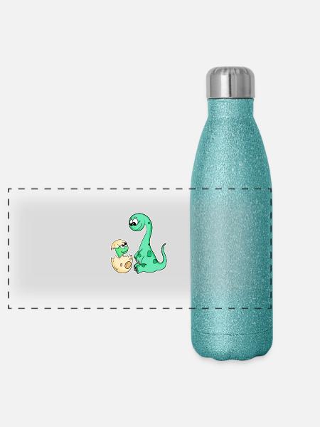 Dinosaurs with Baby Dinosaurs - Panoramic Glitter Thermal Bottle 500 ml - blue glitter - Front