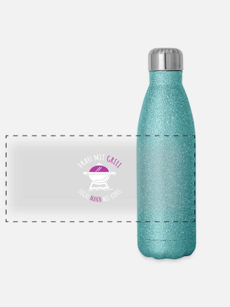 Frau Mit Grill Sucht Mann Mit Kohle Single Grillen - Panorama Glitzer Isolierflasche 500 ml - Blau Glitzer - Vorne