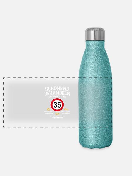 35. Geburtstag Schonend Behandeln Alte Kiste 35 - Panorama Glitzer Isolierflasche 500 ml - Blau Glitzer - Vorne