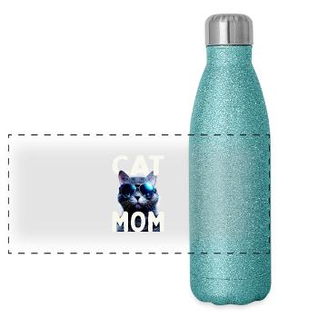 Chat Maman, Chats, Maman Chat, Fête des Mères, Chat - Gourde isotherme panoramique pailletée 500 ml - paillettes bleues - Devant