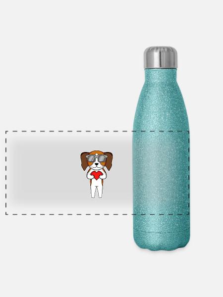 Dog with heart and glasses - Beagle - Panoramic Glitter Thermal Bottle 500 ml - blue glitter - Front