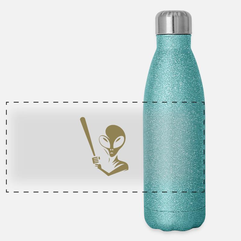 Alien joueur de baseball Silhouette minimaliste Gourde isotherme panoramique pailletée 500 ml