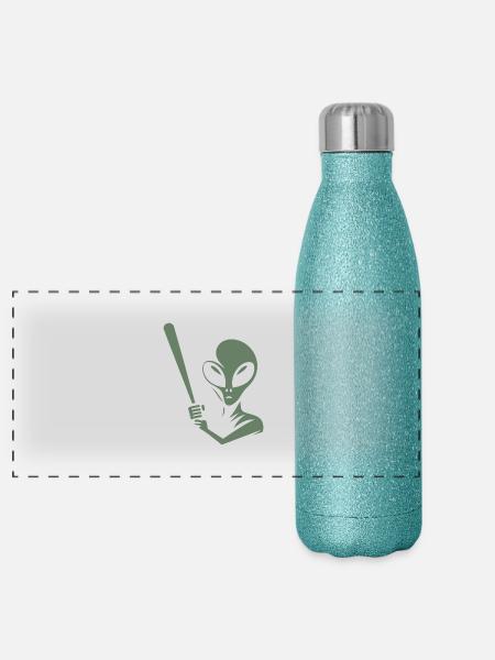 Alien Baseball Player Silhouette Minimalist - Panoramic Glitter Thermal Bottle 500 ml - blue glitter - Front