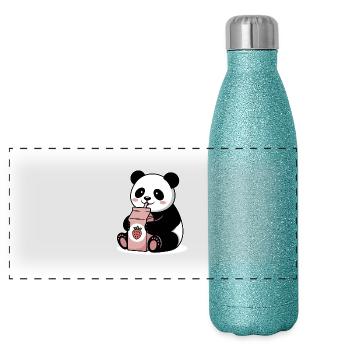 Niedlicher Panda Trinkt Erdbeermilch Japanisch Lustig - Panorama Glitzer Isolierflasche 500 ml - Blau Glitzer - Vorne