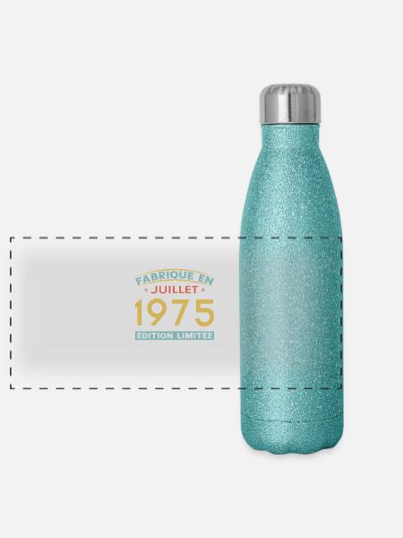 July 1975 Vintage Retro Birthday Gift - Panoramic Glitter Thermal Bottle 500 ml - blue glitter - Front