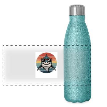 70s 80s Summer Retro Vintage Shark with Sunglasses - Panoramic Glitter Thermal Bottle 500 ml - blue glitter - Front