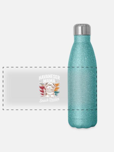 Maman bichon havanaise, vendeuse de snacks légendaire - Gourde isotherme panoramique pailletée 500 ml - paillettes bleues - Devant