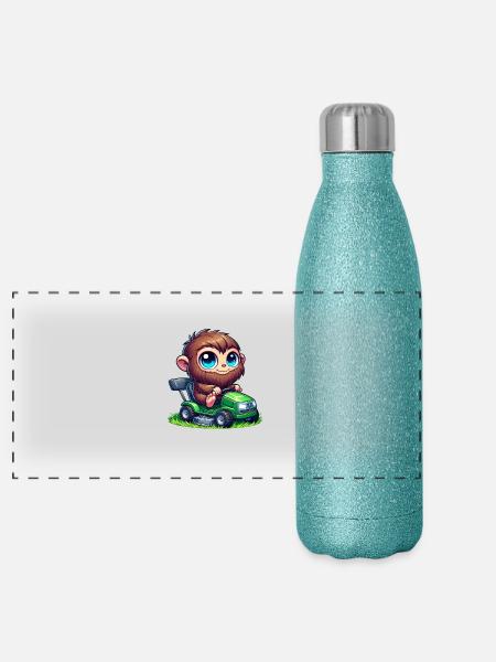 Süßer Bigfoot Sasquatch Rasenmäher Gartenbau Chibi - Panorama Glitzer Isolierflasche 500 ml - Blau Glitzer - Vorne
