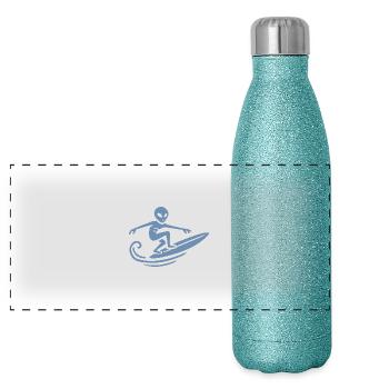 Alien Surfer Surfing Surfboard Summer Surfing - Panoramic Glitter Thermal Bottle 500 ml - blue glitter - Front