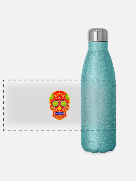 Ancient Skull Art Design - Gourde isotherme panoramique pailletée 500 ml - paillettes bleues - Devant