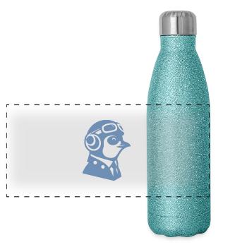 Penguin Pilot Airplane Flying Flight License - Panoramic Glitter Thermal Bottle 500 ml - blue glitter - Front
