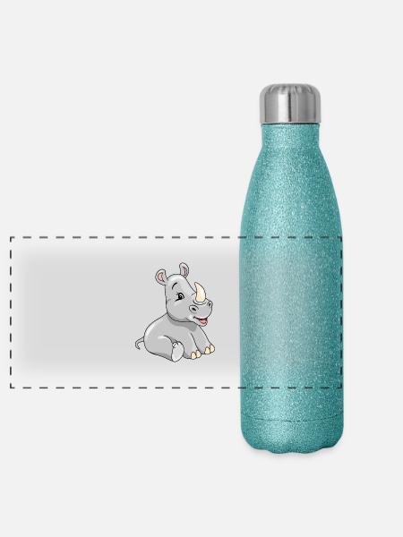 Cartoon sitting smiling baby rhino - Panoramic Glitter Thermal Bottle 500 ml - blue glitter - Front