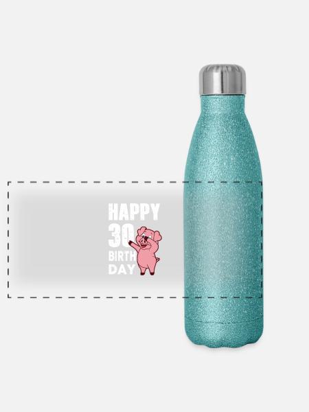 30 Jahre - Happy Birthday - Schweinchen - Panorama Glitzer Isolierflasche 500 ml - Blau Glitzer - Vorne