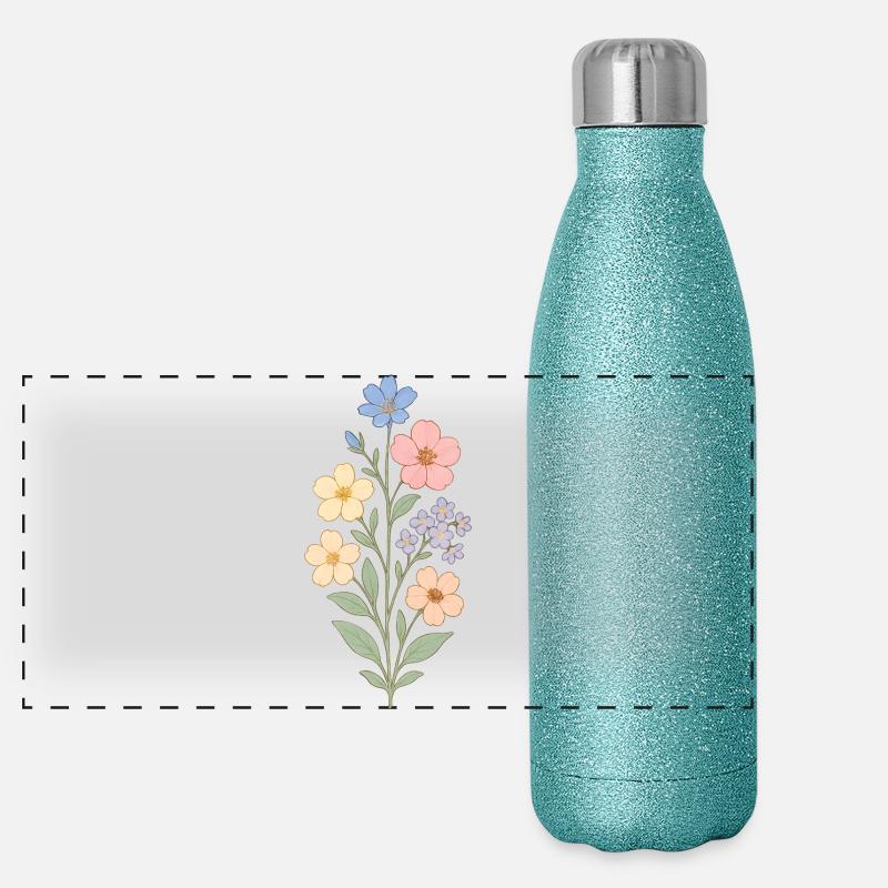 Pastel Flowers Watercolor Bouquet Panoramic Glitter Thermal Bottle 500 ml
