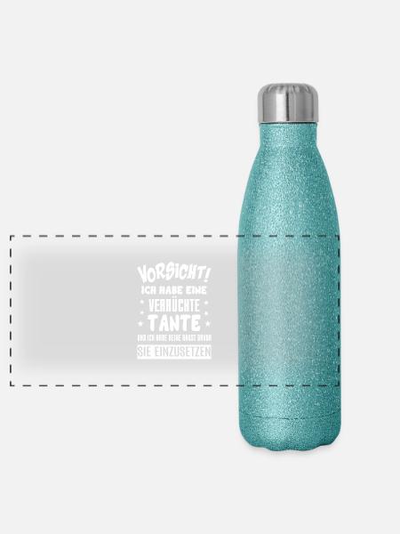 Verrückte Tante - Panorama Glitzer Isolierflasche 500 ml - Blau Glitzer - Vorne