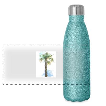 Mediterranean Palm Tree - Auarell Pen and Ink Drawing - Panoramic Glitter Thermal Bottle 500 ml - blue glitter - Front