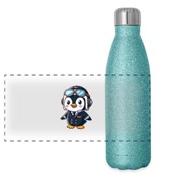 Funny Penguin Pilot Flight License Airplane Cartoon - Panoramic Glitter Thermal Bottle 500 ml - blue glitter - Front
