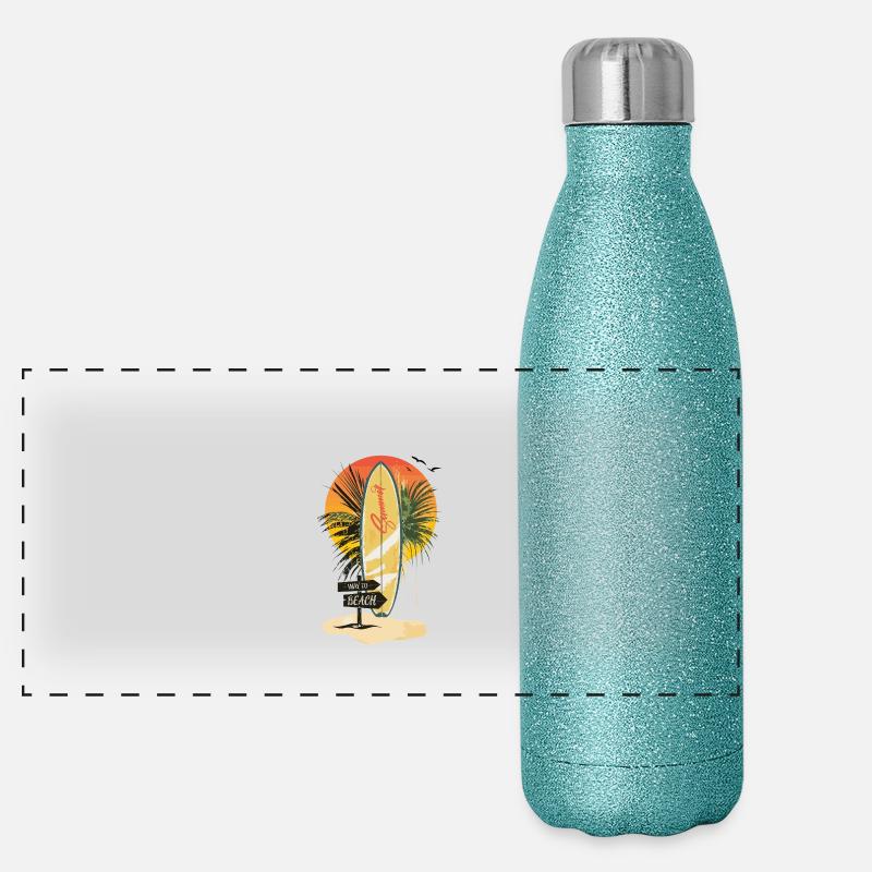 Surfboard Sunset – Palm Trees, Summer & Beach Panoramic Glitter Thermal Bottle 500 ml