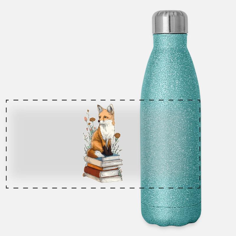 Fuchs auf Bücherstapel Panorama Glitzer Isolierflasche 500 ml