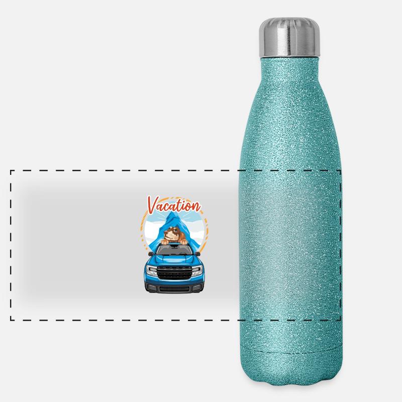 Chien teckel rêveur voyageant dans un pick-up Gourde isotherme panoramique pailletée 500 ml