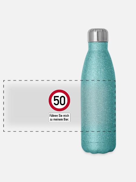 50 Führen Sie mich zu meinem Bier 50 Geburtstag - Panorama Glitzer Isolierflasche 500 ml - Blau Glitzer - Vorne