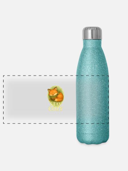 Stay Cozy - Mignon bébé renard avec écharpe feuille - Gourde isotherme panoramique pailletée 500 ml - paillettes bleues - Devant