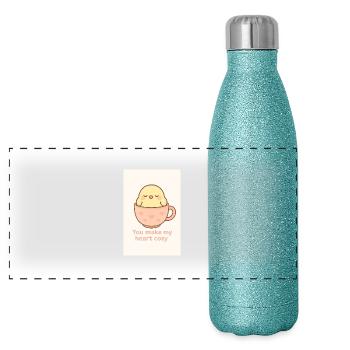 Kawaii Cute Bird in Teacup – Pastel Animal - Panoramic Glitter Thermal Bottle 500 ml - blue glitter - Front