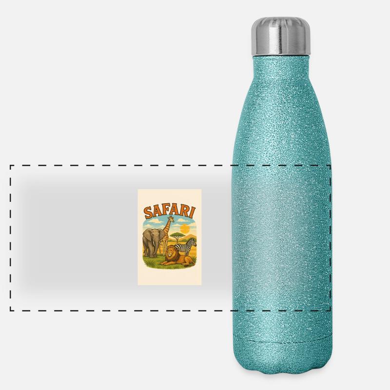 Savannah landscape with lion, elephant, giraffe Panoramic Glitter Thermal Bottle 500 ml
