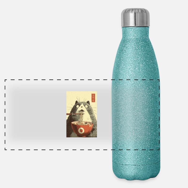 Schockierte Katze isst Ramen Panorama Glitzer Isolierflasche 500 ml