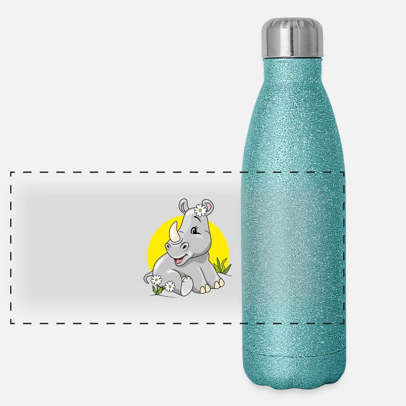 Mignon bébé rhinocéros timide assis sur la pelouse avec de la camomille Gourde isotherme panoramique pailletée 500 ml