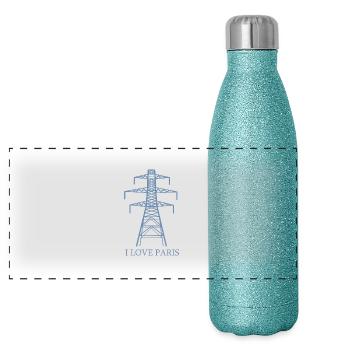 Strommast als Eiffelturm "I Love Paris" Satire - Panorama Glitzer Isolierflasche 500 ml - Blau Glitzer - Vorne