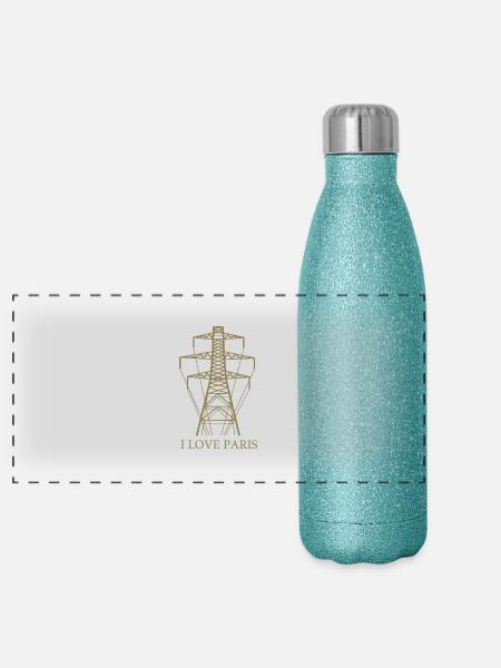 Strommast als Eiffelturm "I Love Paris" Satire - Panorama Glitzer Isolierflasche 500 ml - Blau Glitzer - Vorne