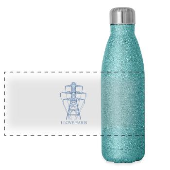 Strommast als Eiffelturm "I Love Paris" Satire - Panorama Glitzer Isolierflasche 500 ml - Blau Glitzer - Vorne