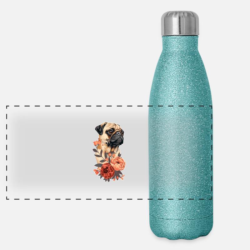 Pug with flowers Panoramic Glitter Thermal Bottle 500 ml
