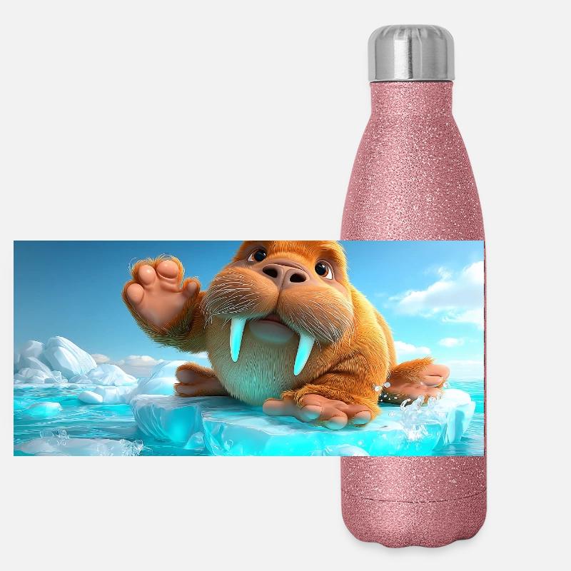Winkendes Walross auf Eisscholle Panorama Glitzer Isolierflasche 500 ml