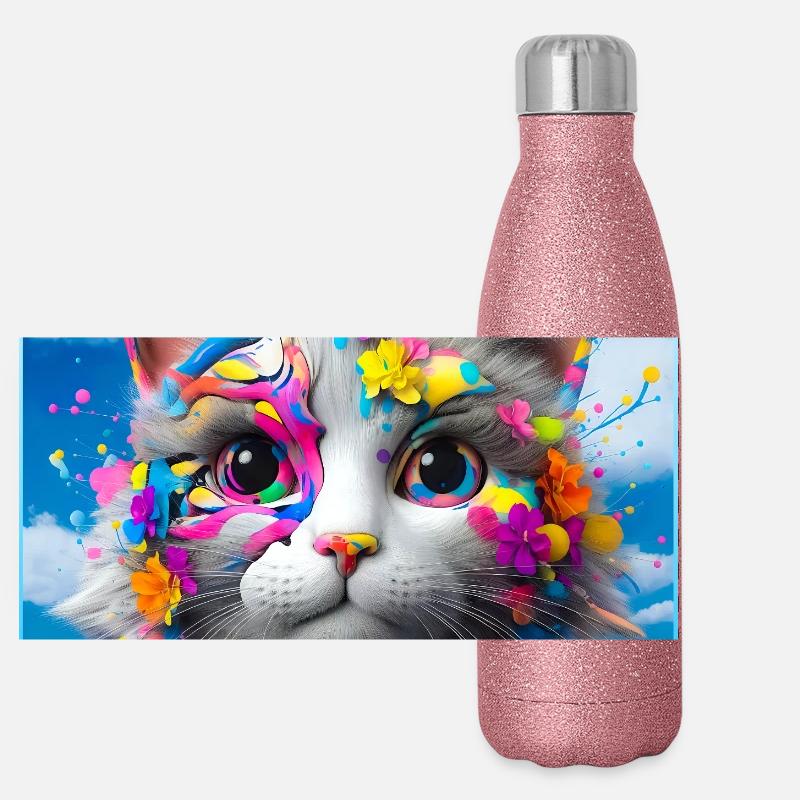 Farbenfrohe Katze Panorama Glitzer Isolierflasche 500 ml