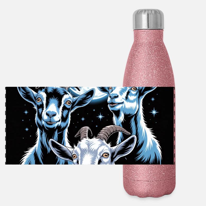 Three goats under full moon night sky Panoramic Glitter Thermal Bottle 500 ml