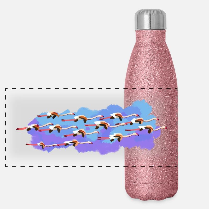 Flamingos auf der Straße Panorama Glitzer Isolierflasche 500 ml