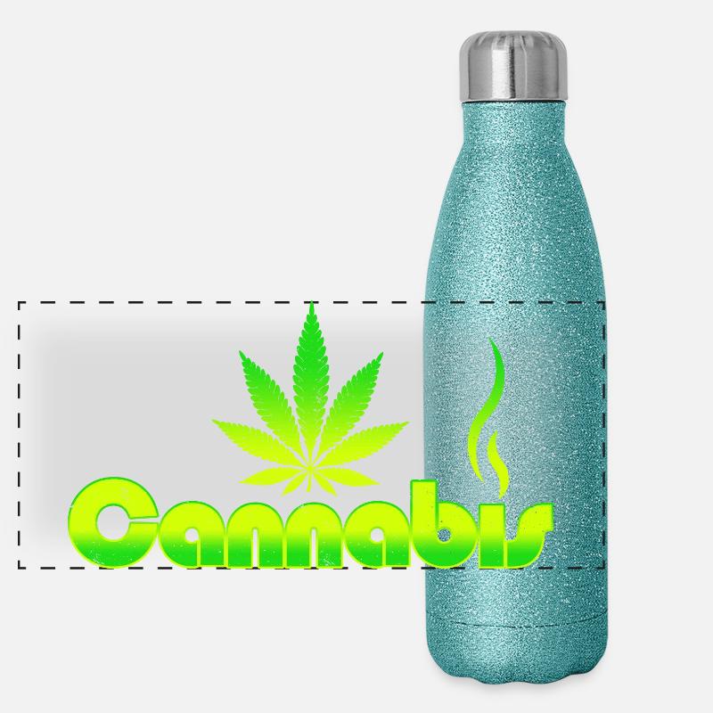 Emblème vibrant de feuille de cannabis sur dégradé vert Gourde isotherme panoramique pailletée 500 ml