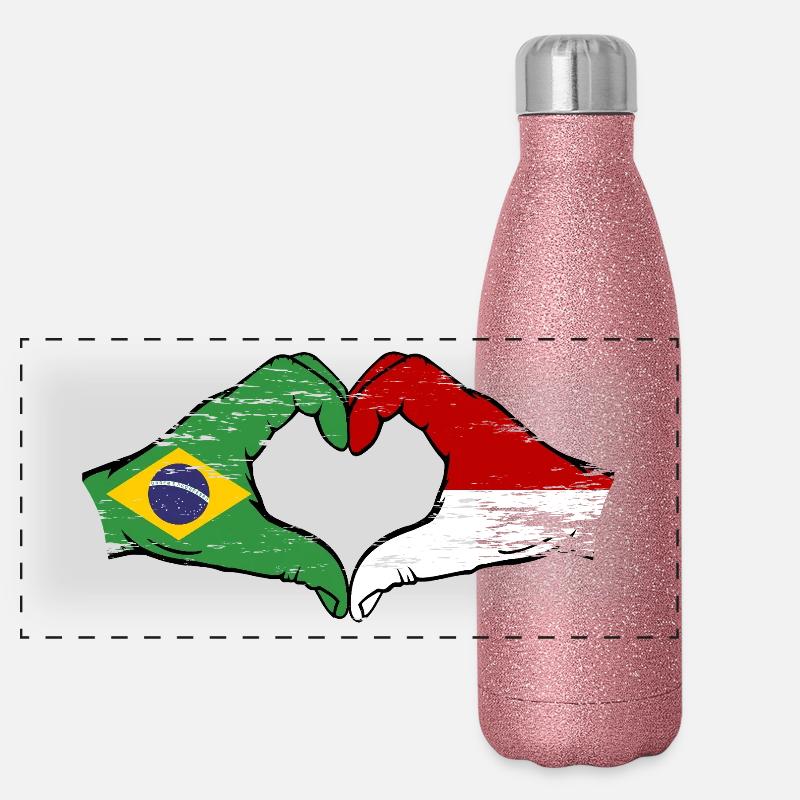 Brésil Monaco Drapeau Forme de Main Forme Coeur Utilisé Gourde isotherme panoramique pailletée 500 ml