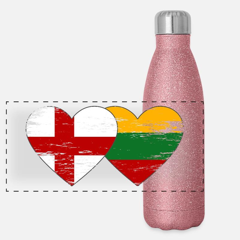 England Lithuania flag heart shape used - Panoramic Glitter Thermal Bottle 500 ml - pink glitter