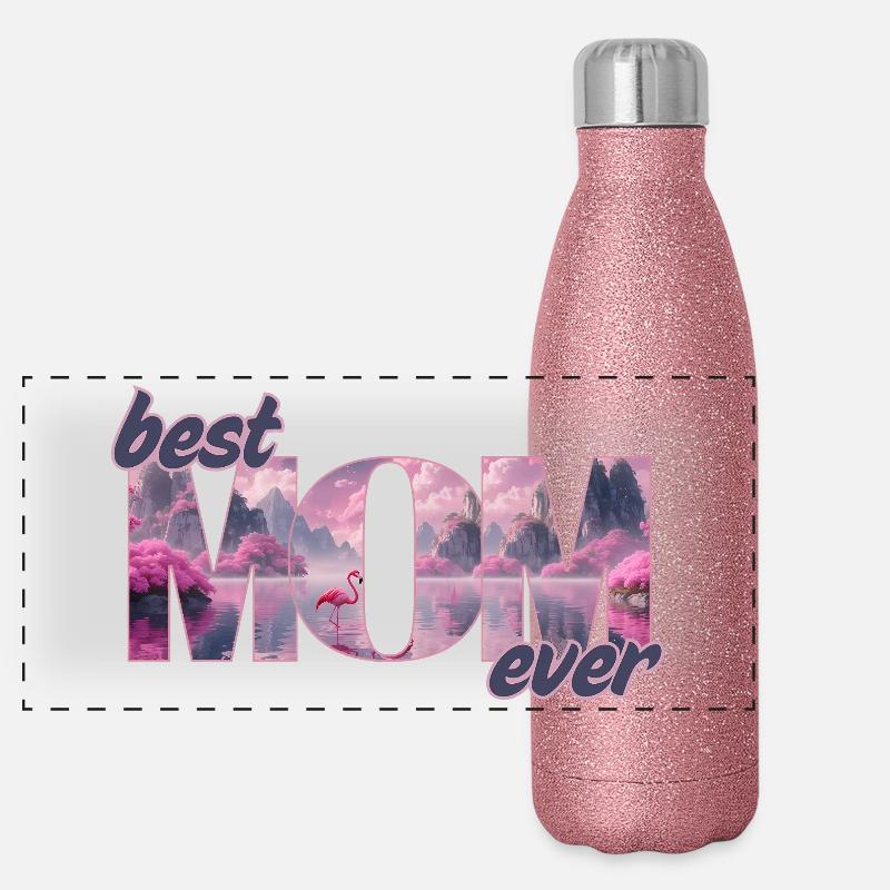 Flamingos in einer Traumwelt - best Mom ever Panorama Glitzer Isolierflasche 500 ml