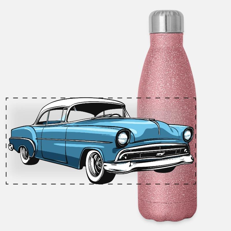 Retro US-Auto in Blau Panorama Glitzer Isolierflasche 500 ml