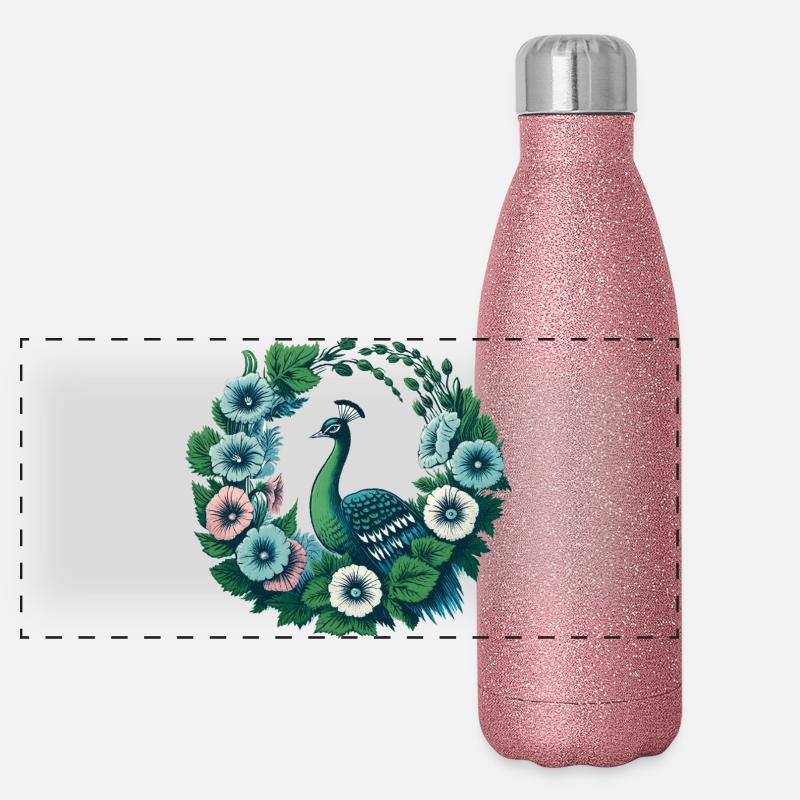 Peacock Floral Circle Panoramic Glitter Thermal Bottle 500 ml